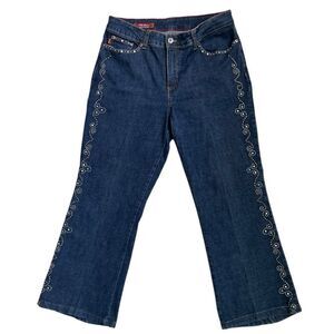 MU JEANS Authentic Dungarees Y2K Blue Denim Stud Crystals Designed Wide Leg Sz16